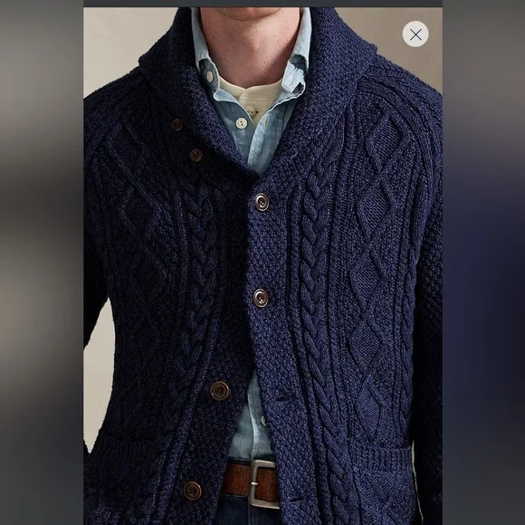 Men's Medium Polo Ralph Lauren Aran-Knit Cotton Shawl-Collar Cardigan - Picture 4 of 9